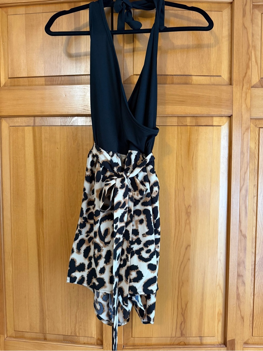 SHEIN Black & Leopard Print Halter Romper